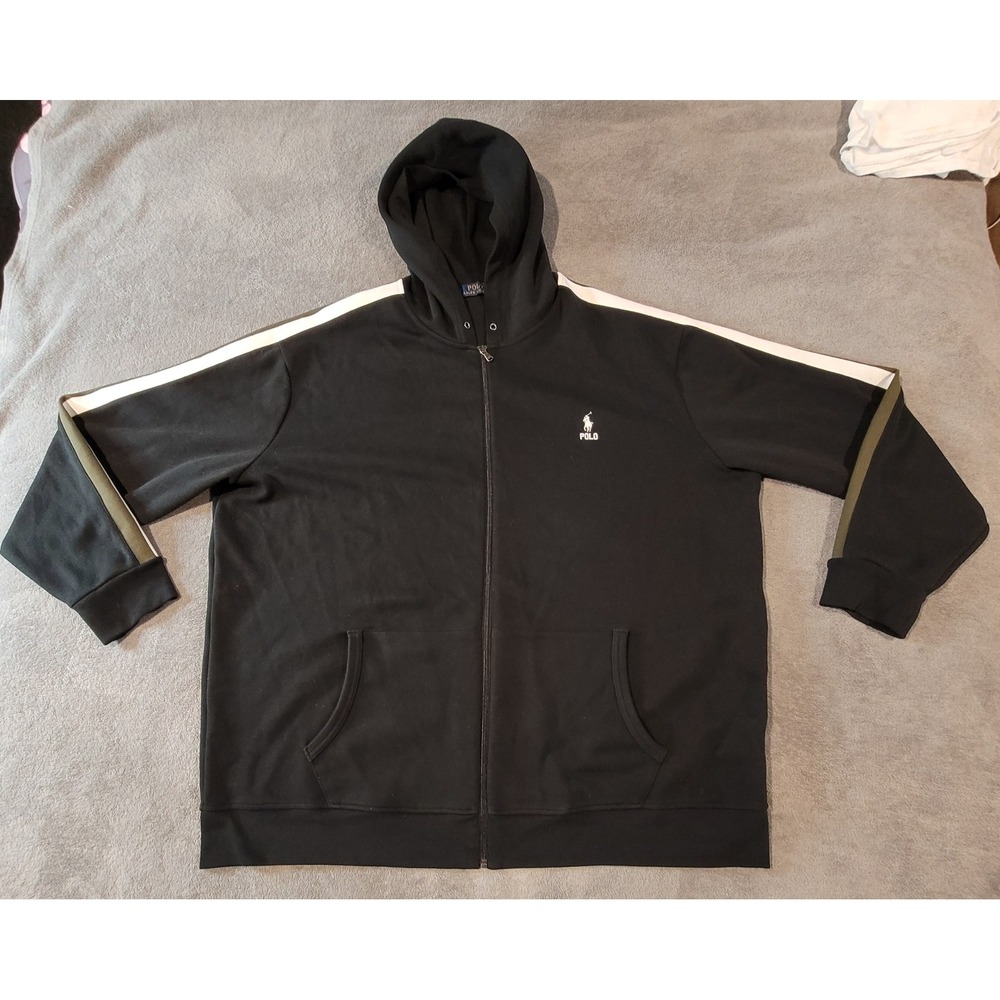 Polo Ralph Lauren Mens 3XLT Black Full Zip Stripe Sleeve Hoodie Big & Tall